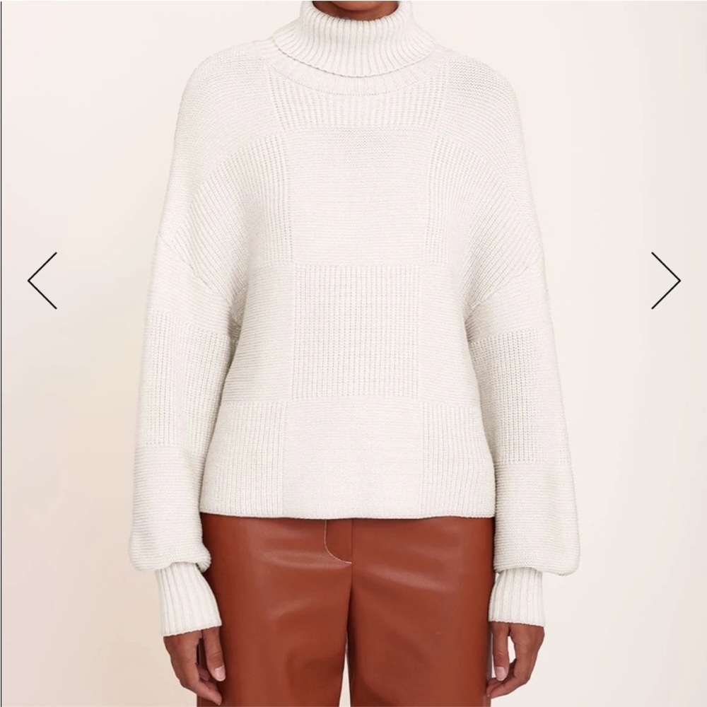 EUC STAUD Benny sweater ivory knit turtleneck ribbed checked XL chunky oversize